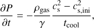 Mathematical equation: $\frac{\partial P}{\partial t}=-\frac{\rho_{\mathrm{gas}}}{\gamma} \frac{c_{\mathrm{s}}^{2}-c_{\mathrm{s}, \text { ini}}^{2}}{t_{\mathrm{cool}}},$