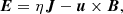 Mathematical equation: $$ \begin{aligned} \boldsymbol{E}&= \eta {\boldsymbol{J}} - {\boldsymbol{u}} \times {\boldsymbol{B}} , \end{aligned} $$