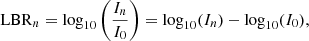Mathematical equation: $$ \begin{aligned} \mathrm{LBR}_n = \log _{10}\left(\frac{I_n}{I_0}\right) = \log _{10}(I_n)-\log _{10}(I_0), \end{aligned} $$