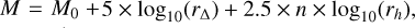 Mathematical equation: $M = M_{0} + 5 \times \log_{10}(r_{\Delta}) + 2.5 \times n \times \log_{10}(r_{h})$