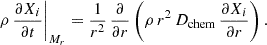Mathematical equation: $$ \begin{aligned} \rho \,\frac{\partial X_i}{\partial t}\Bigg |_{M_r} = \frac{1}{r^2}\,\frac{\partial }{\partial r}\left(\rho \,r^2 \,D_{\rm chem}\,\frac{\partial X_i}{\partial r}\right). \end{aligned} $$