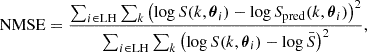 Mathematical equation: $$ \begin{aligned} \mathrm{NMSE} = \frac{\sum _{i \in \mathrm{LH}} \sum _k \left( \log S(k, \boldsymbol{\theta }_i) - \log S_{\rm pred}(k, \boldsymbol{\theta }_i)\right)^2}{\sum _{i \in \mathrm{LH}} \sum _k \left( \log S(k, \boldsymbol{\theta }_i) - \log \bar{S} \right)^2}, \end{aligned} $$