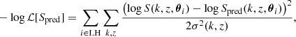 Mathematical equation: $$ \begin{aligned} - \log \mathcal{L} [S_{\rm pred} ] = \sum _{i \in \mathrm{LH}} \sum _{k,z} \frac{\left( \log S(k, z, \boldsymbol{\theta }_i) - \log S_{\rm pred}(k, z, \boldsymbol{\theta }_i)\right)^2}{2 \sigma ^2 (k,z)}, \end{aligned} $$