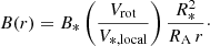 Mathematical equation: $$ \begin{aligned} B(r) = B_* \left(\frac{V_{\mathrm{rot} }}{V_{*, \mathrm{local} }}\right) \frac{R_*^2}{R_{\mathrm{A} }\,r}\cdot \end{aligned} $$