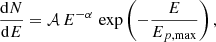 Mathematical equation: $$ \begin{aligned} \frac{\mathrm{d}N}{\mathrm{d}E} = \mathcal{A} \, E^{-\alpha } \, \exp \left(-\frac{E}{E_{p,\mathrm{max} }}\right), \end{aligned} $$