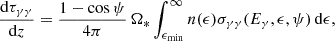 Mathematical equation: $$ \begin{aligned} \frac{\mathrm{d}\tau _{\gamma \gamma }}{\mathrm{d}z} = \frac{1 - \cos \psi }{4\pi } \, \Omega _* \int _{\epsilon _{\min }}^\infty n(\epsilon ) \sigma _{\gamma \gamma }(E_\gamma , \epsilon , \psi ) \, \mathrm{d}\epsilon , \end{aligned} $$