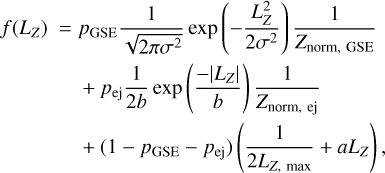 Mathematical equation: \begin{aligned} f(L_Z)\ =\; & p_{\rm GSE}\frac{1}{\sqrt{2\pi\sigma^2}}\exp\left(-\frac{L_Z^2}{2\sigma^2}\right)\frac{1}{Z_{\rm norm,\ GSE}}\\ & + p_{\rm ej}\frac{1}{2b}\exp\left(\frac{-|L_Z|}{b}\right)\frac{1}{Z_{\rm norm,\ ej}}\\ & + (1-p_{\rm GSE}-p_{\rm ej})\left(\frac{1}{2L_{Z,\ \rm{max}}}+aL_Z\right), \end{aligned}