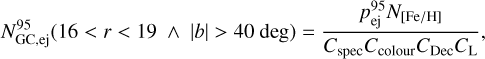 Mathematical equation: N_{\rm GC, ej}^{95}(16<r<19\ \wedge\ |b|>40\ {\rm deg}) = \frac{p_{\rm ej}^{95}N_{\rm [Fe/H]}}{C_{\rm spec}C_{\rm colour}C_{\rm Dec}C_{\rm L}},