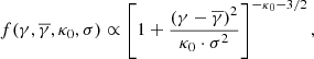 Mathematical equation: $$ \begin{aligned} f(\gamma ,\overline{\gamma },\kappa _{0},\sigma ) \propto \left[ 1 + \frac{\left( \gamma - \overline{\gamma }\right)^{2}}{\kappa _{0}\cdot \sigma ^{2}} \right]^{-\kappa _{0}-3/2}, \end{aligned} $$