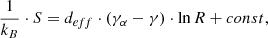 Mathematical equation: $$ \begin{aligned} \frac{1}{k_B}\cdot S = d_{eff}\cdot \left( \gamma _\alpha - \gamma \right) \cdot \ln {R}+const \text{,} \end{aligned} $$