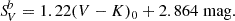 Mathematical equation: $$ \begin{aligned} {S\!}_V^b = 1.22 (V - K)_0 + 2.864 \; \mathrm{mag}. \end{aligned} $$