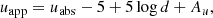 Mathematical equation: $$ \begin{aligned} u_{\rm app} = u_{\rm abs} -5 +5\log {d} +A_{u}, \end{aligned} $$