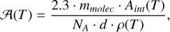 Mathematical equation: \mathcal{A} (T) = \frac{2.3 \cdot m_{molec} \cdot A_{int}(T)}{N_A \cdot d \cdot \rho(T)}