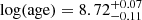 Mathematical equation: $ \log(\mathrm{age}) = 8.72_{-0.11}^{+0.07} $