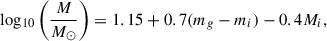 Mathematical equation: $$ \begin{aligned} \mathrm{log_{\rm 10}} \left(\frac{M}{M_\odot }\right) = 1.15 + 0.7 ({ m_g} - { m_i}) - 0.4 M_{i} , \end{aligned} $$