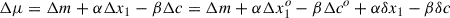 Mathematical equation: $$ \begin{aligned} \Delta \mu&= \Delta m + \alpha \Delta x_1 - \beta \Delta c = \Delta m + \alpha \Delta x_1^o - \beta \Delta c^o + \alpha \delta x_1 - \beta \delta c \end{aligned} $$