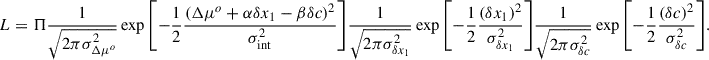 Mathematical equation: $$ \begin{aligned} L = \Pi \frac{1}{\sqrt{2 \pi \sigma ^2_{\Delta \mu ^o}}}\exp {\left[-\frac{1}{2}\frac{(\Delta \mu ^o + \alpha \delta x_1 - \beta \delta c)^2}{\sigma _{\rm int}^2}\right]}\frac{1}{\sqrt{2\pi \sigma _{\delta x_1}^2}} \exp {\left[-\frac{1}{2} \frac{(\delta x_1)^2}{\sigma _{\delta x_1}^2}\right]}\frac{1}{\sqrt{2\pi \sigma _{\delta c}^2}}\exp {\left[-\frac{1}{2}\frac{(\delta c)^2}{\sigma _{\delta c}^2}\right]}. \end{aligned} $$