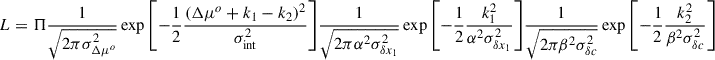 Mathematical equation: $$ \begin{aligned} L&= \Pi \frac{1}{\sqrt{2\pi \sigma ^2_{\Delta \mu ^o}}}\exp {\left[-\frac{1}{2}\frac{(\Delta \mu ^o + k_1 - k_2)^2}{\sigma _{\rm int}^2}\right]}\frac{1}{\sqrt{2\pi \alpha ^2\sigma _{\delta x_1}^2}} \exp {\left[-\frac{1}{2} \frac{k_1^2}{\alpha ^2\sigma _{\delta x_1}^2}\right]}\frac{1}{\sqrt{2\pi \beta ^2\sigma _{\delta c}^2}}\exp {\left[-\frac{1}{2}\frac{k_2^2}{\beta ^2\sigma _{\delta c}^2}\right]} \end{aligned} $$