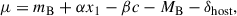 Mathematical equation: $$ \begin{aligned} \mu = m_{\rm B} + \alpha x_1 - \beta c - M_{\rm B} - \delta _{\rm host}, \end{aligned} $$