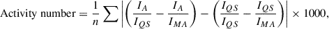 Mathematical equation: $$ \begin{aligned} \mathrm{Activity\ number} = \frac{1}{n} \sum \left| \left(\frac{I_{A}}{I_{QS}} - \frac{I_{A}}{I_{MA}}\right) - \left(\frac{I_{QS}}{I_{QS}} - \frac{I_{QS}}{I_{MA}}\right) \right|\times 1000, \end{aligned} $$