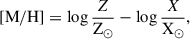 Mathematical equation: $$ \begin{aligned} \mathrm{[M/H]} = \log \frac{Z}{\mathrm{Z_\odot }} - \log \frac{X}{\mathrm{X_\odot }}, \end{aligned} $$