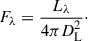 Mathematical equation: $$ \begin{aligned} F_{\lambda } = \frac{L_{\lambda }}{4\pi D_{\rm L}^{2}}\cdot \end{aligned} $$