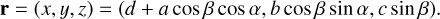 Mathematical equation: $\mathbf{r}=(x, y, z)=(d+a \cos \beta \cos \alpha, b \cos \beta \sin \alpha, c \sin \beta).$