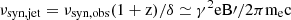 Mathematical equation: $ \rm \nu_{syn,jet} = \nu_{syn,obs} (1+z)/\delta \simeq \gamma^{2}eB{\prime}/2\pi m_{e}c $