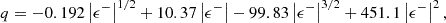 Mathematical equation: $$ \begin{aligned} q = -0.192 \left| \epsilon ^{-} \right|^{1/2} + 10.37 \left| \epsilon ^{-} \right| - 99.83 \left| \epsilon ^{-} \right|^{3/2} + 451.1 \left| \epsilon ^{-} \right|^2, \end{aligned} $$