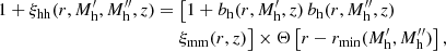 Mathematical equation: $$ \begin{aligned} 1 + \xi _{\rm hh}(r, M_{\rm h}^{\prime }, M_{\rm h}^{\prime \prime }, z) = \;&\bigr [ 1 + b_{\rm h}(r, M_{\rm h}^{\prime }, z) \, b_{\rm h}(r, M_{\rm h}^{\prime \prime }, z) \\&\xi _{\rm mm}(r, z) \bigr ] \times \Theta \left[ r - r_{\rm min}(M_{\rm h}^{\prime }, M_{\rm h}^{\prime \prime }) \right] \nonumber , \end{aligned} $$