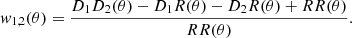Mathematical equation: $$ \begin{aligned} w_{1,2}(\theta ) = \frac{D_1D_2(\theta ) -D_1R(\theta ) -D_2R(\theta ) +RR(\theta )}{RR(\theta )} . \end{aligned} $$