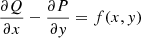 Mathematical equation: $ \frac{\partial Q}{\partial x} - \frac{\partial P}{\partial y} = f(x,y) $