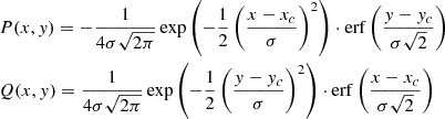Mathematical equation: $$ \begin{aligned}&P(x,y) = -\frac{1}{4 \sigma \sqrt{2 \pi }} \exp \left(-\frac{1}{2} \left(\frac{x - x_c}{\sigma } \right)^2\right) \cdot \mathrm{erf}\left(\frac{y - y_c}{\sigma \sqrt{2}}\right)\\&Q(x,y) = \frac{1}{4 \sigma \sqrt{2 \pi }} \exp \left(-\frac{1}{2} \left(\frac{y - y_c}{\sigma }\right)^2\right) \cdot \mathrm{erf} \left(\frac{x - x_c}{\sigma \sqrt{2}}\right) \end{aligned} $$