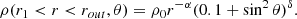 Mathematical equation: $$ \begin{aligned} \rho (r_{1} < r < r_{out}, \theta ) = \rho _0 r^{-\alpha } (0.1 + \sin ^2 \theta )^\delta . \end{aligned} $$
