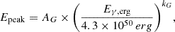 Mathematical equation: $$ \begin{aligned} E_{\rm {peak}} = A_G \times \Biggl (\frac{E_{\rm {\gamma } \mathrm {, erg}}}{4.3 \times 10^{50}\,erg}\Biggl )^{k_{G}}, \end{aligned} $$