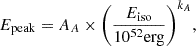 Mathematical equation: $$ \begin{aligned} E_{\rm {peak}} = A_A \times \Biggl (\frac{E_{\rm {iso}}}{10^{52} \mathrm {erg}}\Biggl )^{k_A}, \end{aligned} $$