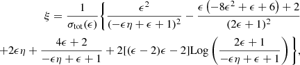 Mathematical equation: $$ \begin{aligned} \begin{aligned} \xi = \frac{1}{\sigma _{\rm tot}(\epsilon )} \Bigg \{\frac{\epsilon ^2}{(-\epsilon \eta +\epsilon +1)^2}-\frac{\epsilon \left(-8 \epsilon ^2+\epsilon +6\right)+2}{(2 \epsilon +1)^2}&\\ +2 \epsilon \eta +\frac{4 \epsilon +2}{-\epsilon \eta +\epsilon +1}+2 [(\epsilon -2) \epsilon -2] \mathrm{Log}\left(\frac{2 \epsilon +1}{ - \epsilon \eta +\epsilon +1}\right) \Bigg \},&\end{aligned} \end{aligned} $$