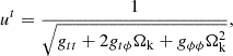 Mathematical equation: $$ \begin{aligned} u^{t}=\frac{1}{\sqrt{g_{tt}+ 2 g_{t \phi }\Omega _{\rm k}+ g_{\phi \phi }\Omega _{\rm k}^2}}, \end{aligned} $$