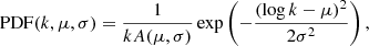 Mathematical equation: $$ \begin{aligned} \mathrm{PDF}(k,\mu ,\sigma ) = \frac{1}{k A(\mu ,\sigma )}\exp \left(-\frac{(\log k -\mu )^2}{2\sigma ^2}\right), \end{aligned} $$