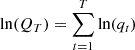 Mathematical equation: $ \ln(Q_{T}) =\sum_{t=1}^{T} \ln(q_{t}) $