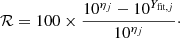 Mathematical equation: $$ \begin{aligned} \mathcal{R} = 100 \times \frac{10^{\eta _{j}}-10^{Y_{\mathrm{fit} ,j}}}{10^{\eta _{j}}}\cdot \end{aligned} $$