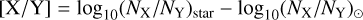 Mathematical equation: $\[[\mathrm{X} / \mathrm{Y}]=\log _{10}\left(N_{\mathrm{X}} / N_{\mathrm{Y}}\right)_{\text {star }}-\log _{10}\left(N_{\mathrm{X}} / N_{\mathrm{Y}}\right)_{\odot}\]$