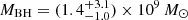 Mathematical equation: $ M_\mathrm{{BH}}=(1.4^{+3.1}_{-1.0})\times10^9\,M_\odot $