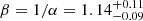 Mathematical equation: $ \beta=1/\alpha=1.14^{+0.11}_{-0.09} $