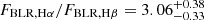 Mathematical equation: $ F_\mathrm{{BLR,H}\alpha}/F_\mathrm{{BLR,H}\beta}=3.06^{+0.38}_{-0.33} $
