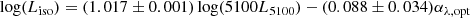 Mathematical equation: $ \log(L_\mathrm{{iso}}) = (1.017\pm0.001) \log(5100 L_{5100})- (0.088\pm0.034) \alpha_{\lambda,\rm{opt}} $