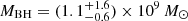 Mathematical equation: $ M_\mathrm{{BH}}=(1.1^{+1.6}_{-0.6})\times10^9\,M_\odot $