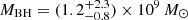 Mathematical equation: $ M_\mathrm{{BH}}=(1.2^{+2.3}_{-0.8})\times10^9\,M_\odot $