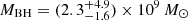 Mathematical equation: $ M_\mathrm{{BH}}=(2.3^{+4.9}_{-1.6})\times10^9\,M_\odot $