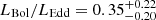 Mathematical equation: $ L_\mathrm{{Bol}}/L_\mathrm{{Edd}}=0.35^{+0.22}_{-0.20} $